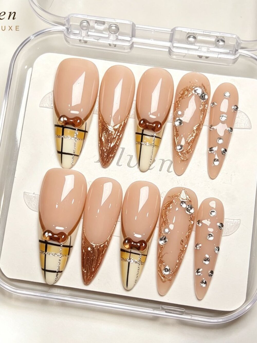 Nude Handmade Press On Nails with French Tips And Rhinestone Ribbon Stiletto